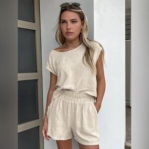 Beige Cotton & Linen Pockets‎ Shorts Set  Two-Piece Set neutral Large